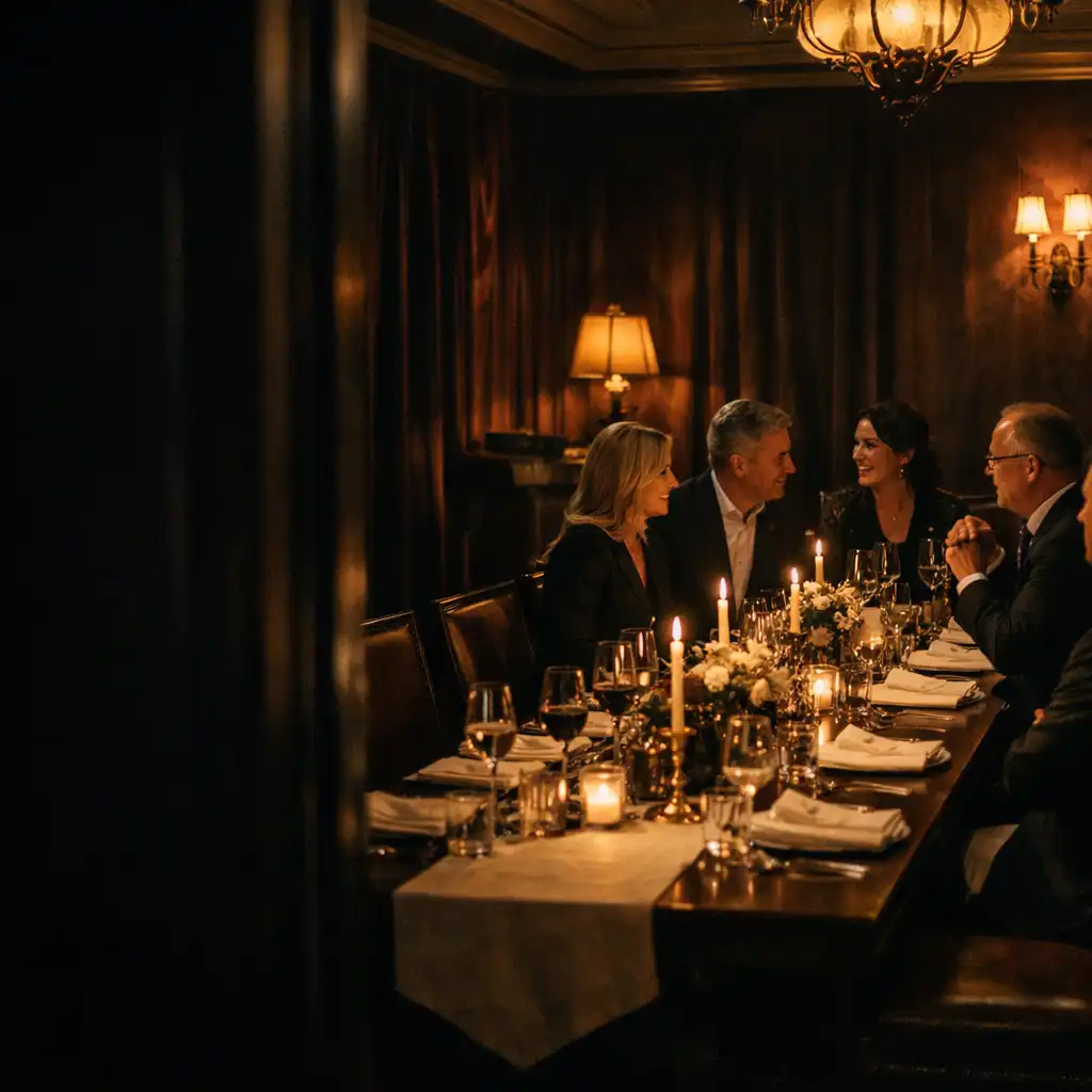 Elegant gedeckter Tisch bei einem persönlichen Corporate-Dinner mit Kolleg:innen im Gespräch