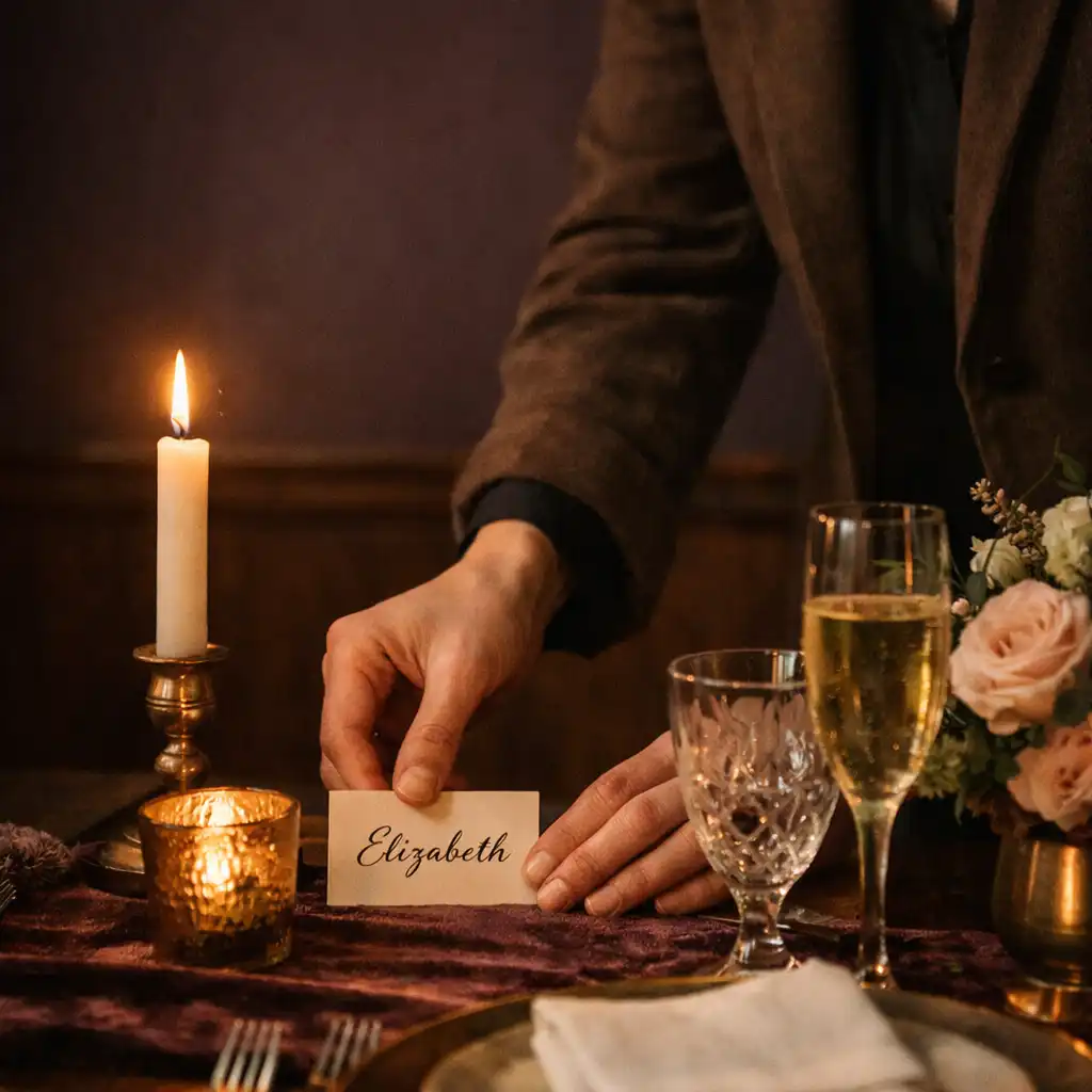 Hand placing a handwritten place card beside candlelight and glassware