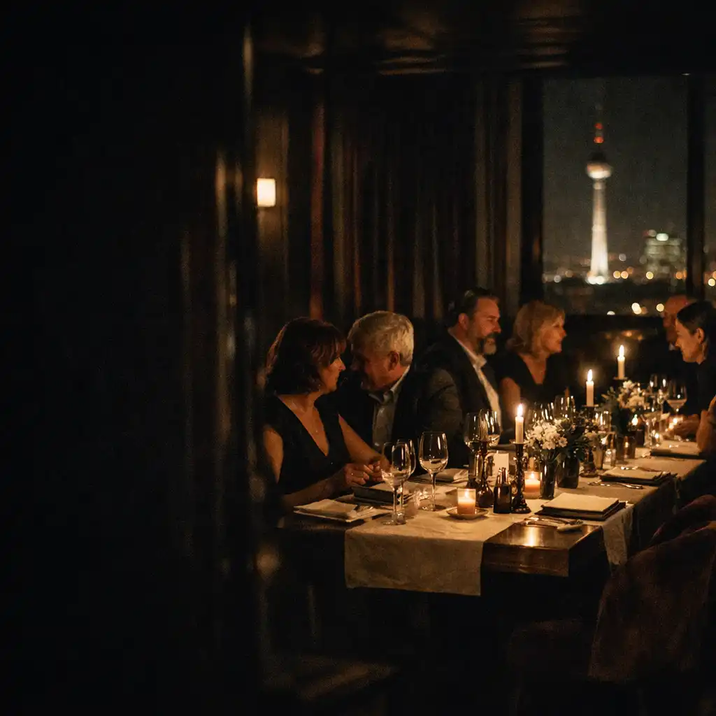 Candlelight-Dinner an einer langen gedeckten Tafel in Berlin