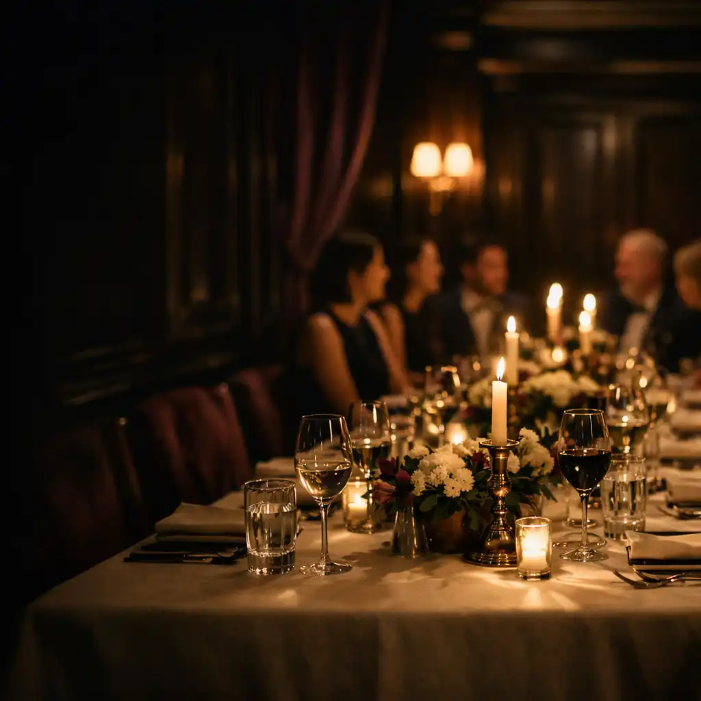 Candlelit private dining table in an elegant dark wood salon